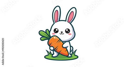 A cartoon rabbit happily holding a large carrot in a lush green grassy area from a front viewpoint.