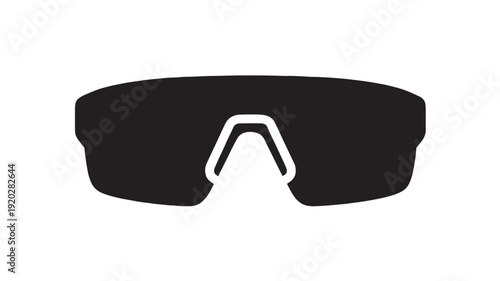Sunglasses sport wraparound silhouette icon with wide visor lens and nose bridge cutout, minimalist black shape isolated on white background for cycling