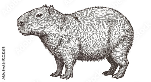 A detailed illustration of a capybara standing in profile with textured fur, from a side viewpoint