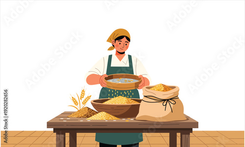 A woman sifting grain in a kitchen