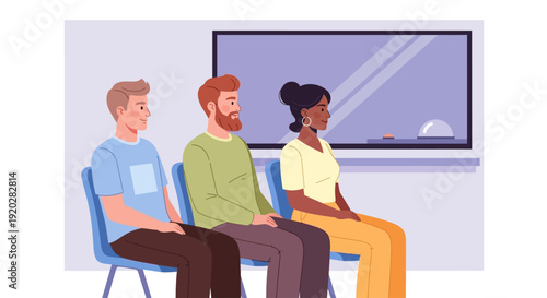 Three diverse individuals seated in chairs waiting in a modern waiting room with a large screen display