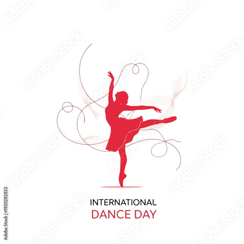 Silhouette of a dancer celebrating International Dance Day with a dynamic pose and swirling lines on a white background.