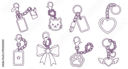 Collection of various keychains with charms and decorations displayed together, showcasing different designs and shapes, presented in a grid layout from a straightforward viewpoint