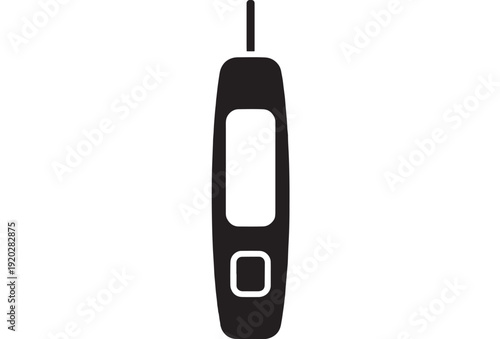 Mobile phone icon with antenna and screen, minimalist black silhouette pictogram isolated on white background, retro cellular handset symbol for UI, app, web design