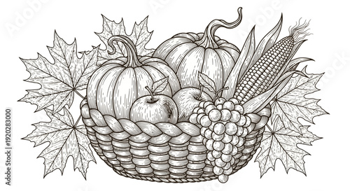 A detailed illustration of a basket filled with autumn harvest produce including pumpkins, apples, and corn, surrounded by leaves, from a top-down viewpoint.
