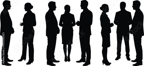 Corporate Networking Interaction Scene, Business Professionals Engaged in Office Conversation Vector Illustration.