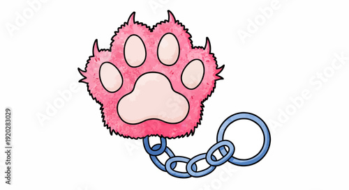 A cartoon illustration of a pink furry paw print attached to a blue chain keychain with a ring