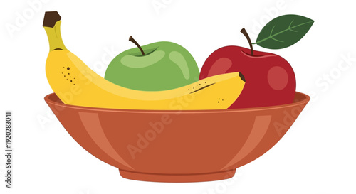 Fresh Fruit Arrangement in a Brown Bowl with Bananas, Apples, and a Green Apple