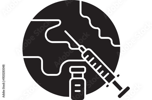 Syringe vaccination icon with medicine vial and globe symbol, bold black and white medical silhouette for immunization campaign, healthcare safety, global disease prevention