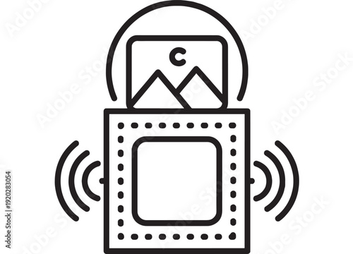 Camera icon with image preview and wireless transfer featuring photography, device, technology with digital and capturing elements for photo, mobile projects, clean composition on simple background