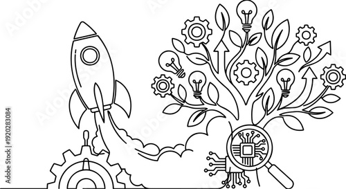 Black and white continuous line art vector illustration of a technology startup and sustainable growth concept featuring a launching rocket, a creative tree with lightbulbs and gears, and a microchip 