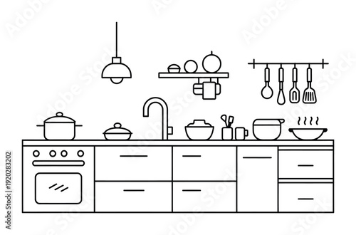 Vector of a modern kitchen with appliances and utensils on a countertop