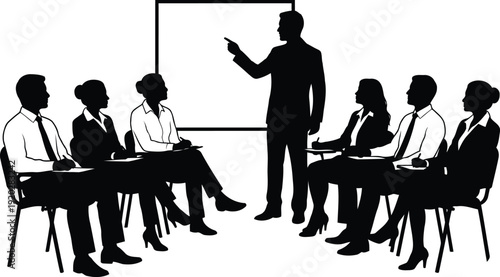Corporate Business Presentation Silhouette, Team Meeting and Training Seminar in Office Vector Illustration.