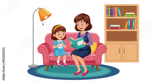 A woman reading a book to a child on a pink couch in a cozy living room with a bookshelf nearby from a slightly elevated viewpoint.
