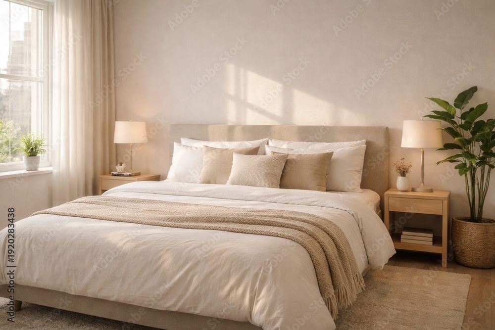 Fototapeta premium A bed with a white comforter and pillows, and a lamp on the nightstand