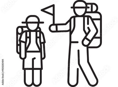 Hikers line icon with backpacks and guide holding flag, trekking tour group pictogram, outdoor adventure travel symbol, simple outline vector for web app UI