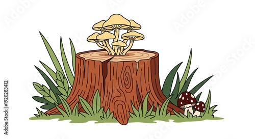 A stump with mushrooms growing on top surrounded by grass and plants in a natural environment viewed from the side