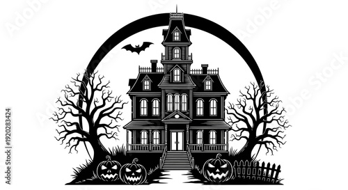 Spooky mansion surrounded by bare trees and pumpkins on a dark Halloween night illustration