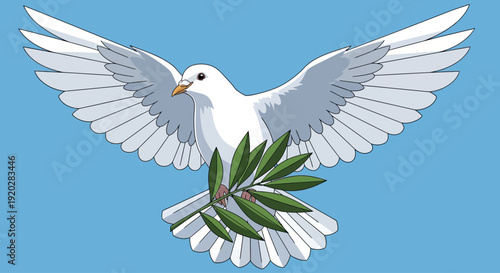 A white dove with outstretched wings holding an olive branch in its talons, symbolizing peace and harmony in a serene illustration