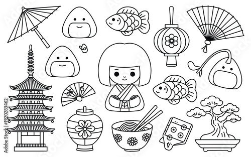 Japanese Cultural Icons Collection Vector Line Art Illustration