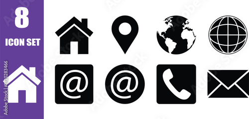 Collection of eight black and white icons on a purple and white background featuring symbols