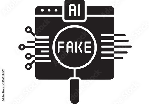Icon AI fake detection concept with magnifying glass over microchip, circuit lines and bold typography, black and white flat symbol for deepfake verification and security