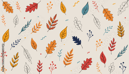 Hand-drawn autumn leaves in clean linear style arranged over a soft beige background, forming a minimalist seamless pattern ideal for modern stationery and textile applications.