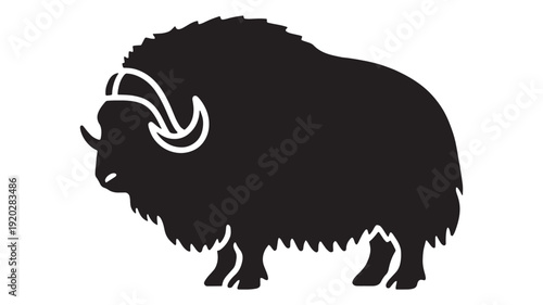 Bison silhouette icon with shaggy fur and curved horn outline, minimalist black animal logo isolated on white background for wildlife, ranch, emblem, and branding