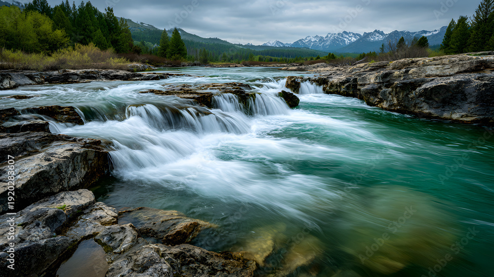 Obraz premium River with Waterfall and Mountains