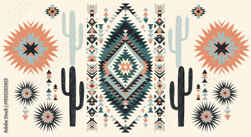 Southwestern desert landscape with cacti and traditional Native American patterns, illustrated in a vibrant and colorful southwestern themed graphic design