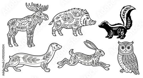 A collection of wild animals including a moose, pig, magpie, otter, rabbit, and owl, depicted in a simple line drawing style from a frontal viewpoint.
