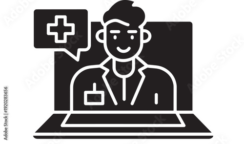 Doctor telemedicine icon with laptop screen and medical cross chat bubble, monochrome healthcare consultation symbol for online clinic, remote diagnosis and ehealth support