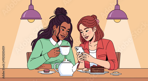 Two women enjoying tea and cake together at a cozy table under warm lighting