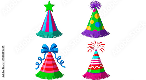 Colorful party hats illustration with festive decorations and celebratory elements in a joyful scene.