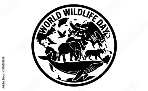 World Wildlife Day vector illustration with animal silhouettes forming a globe, flat monochrome design on white background, conservation concept, scalable SVG style