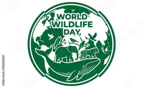 World Wildlife Day vector illustration with animal silhouettes forming a globe, flat monochrome design on white background, conservation concept, scalable SVG style