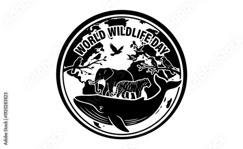 World Wildlife Day vector illustration with animal silhouettes forming a globe, flat monochrome design on white background, conservation concept, scalable SVG style