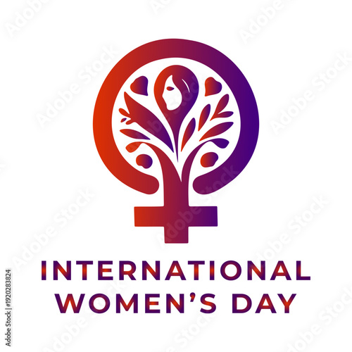 International Women’s Day symbol with female silhouette tree leaves hearts gradient logo design celebrating empowerment equality strength community growth