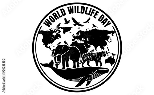 World Wildlife Day vector illustration with animal silhouettes forming a globe, flat monochrome design on white background, conservation concept, scalable SVG style
