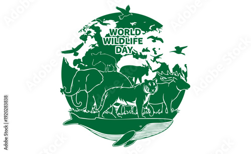 World Wildlife Day vector illustration with animal silhouettes forming a globe, flat monochrome design on white background, conservation concept, scalable SVG style