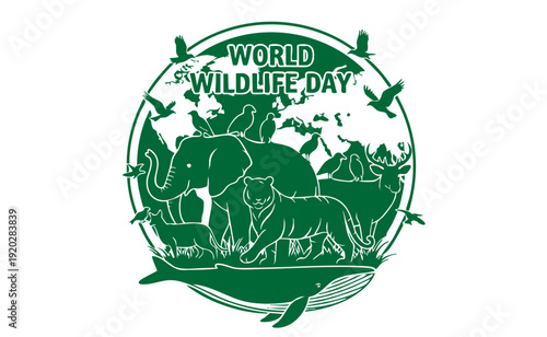 World Wildlife Day vector illustration with animal silhouettes forming a globe, flat monochrome design on white background, conservation concept, scalable SVG style