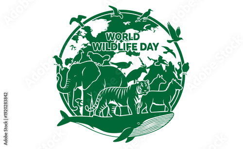 World Wildlife Day vector illustration with animal silhouettes forming a globe, flat monochrome design on white background, conservation concept, scalable SVG style