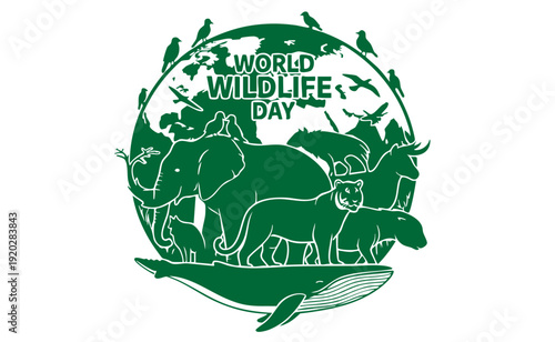 World Wildlife Day vector illustration with animal silhouettes forming a globe, flat monochrome design on white background, conservation concept, scalable SVG style
