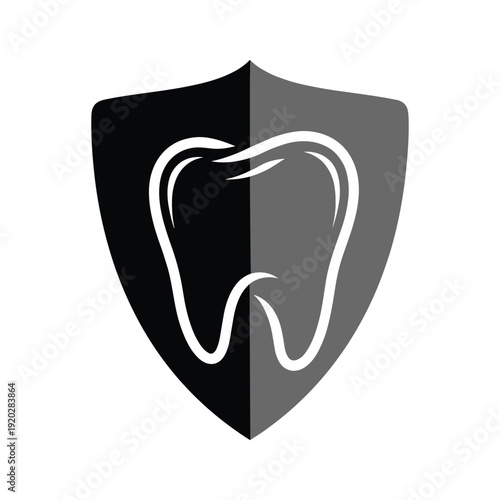 Black and grey shield with white tooth icon