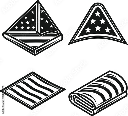 Creative representations of folded and draped fabric with patriotic and striped designs