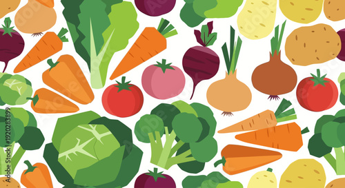 Assorted vegetables and fruits arranged in a colorful pattern on a flat surface from a top-down viewpoint