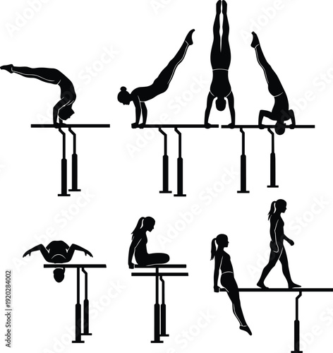 Gymnastics silhouettes, parallel bars, balance beam, athletes performing routines, handstands, headstands, poses, strength, precision, gymnastics positions, vector illustration, sports training set