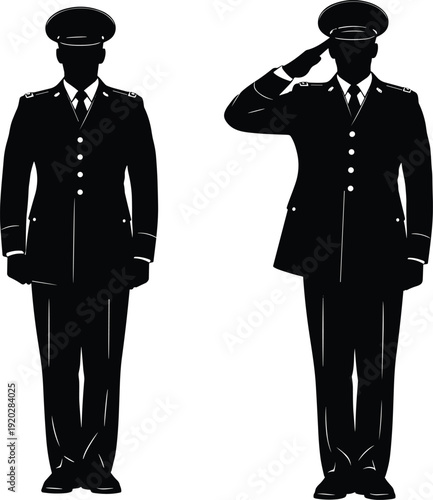 Military uniform silhouettes, formal dress code, soldier standing at attention, saluting posture, discipline, protocol, armed forces illustration, black silhouette design