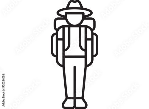 Traveler icon with backpack and wide brim hat, simple outline pictogram isolated on white, minimalist line art symbol for hiking, tourism, adventure app UI