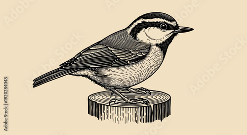 Detailed illustration of a bird perched on a tree stump, showcasing its plumage and natural habitat in a classic black and white style from a side viewpoint